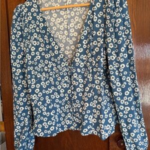 Reformation Blue Floral Blouse, button front, V-Neck
